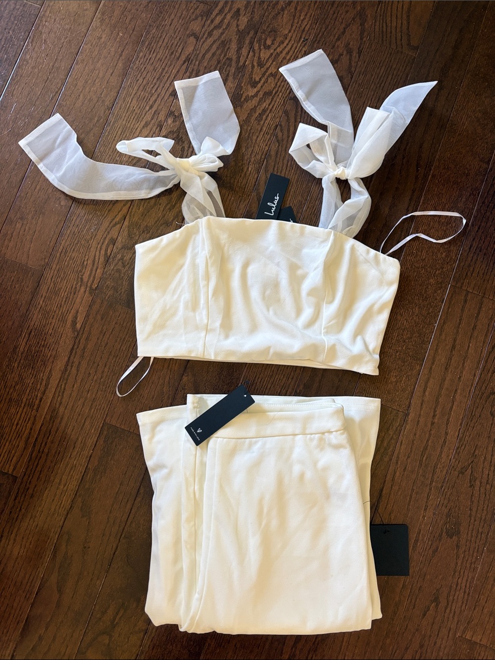 Lulu's Cream Tie-Shoulder Crop Top and High-Waist Pants Set